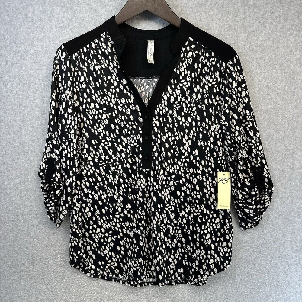 Per Seption Petite Womens Blouse Size PL Black & White Roll Tab Sleeve New Tag